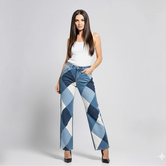 Diamond Patchwork Jesns Wide-Leg Denim – Statement Edition - Picture 3 of 14
